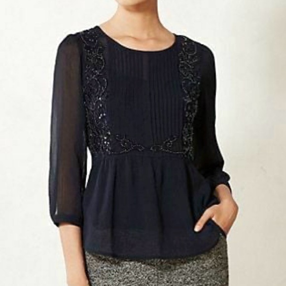 Anthropologie Tops - Anthropologie Embellished Beaded Sequin Floral Embroidered Navy Peplum Blouse